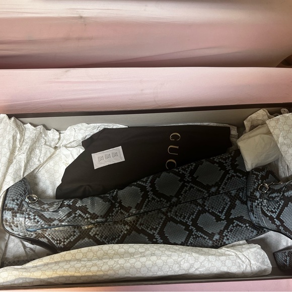 GUCCI PYTHON HORSEBIT KNEE HIGH BOOTS BLUE BROWN 38 - Picture 6 of 13